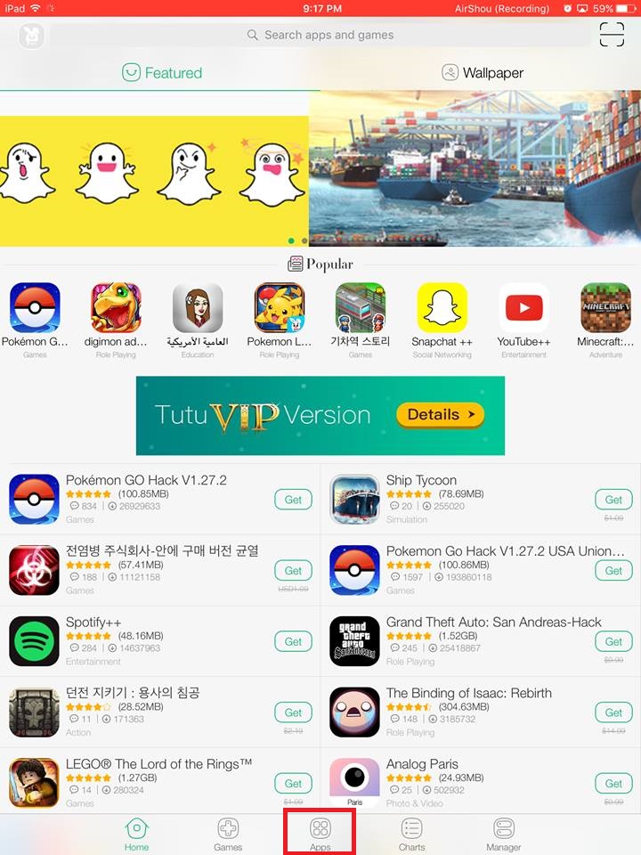 tutuapp apps menu